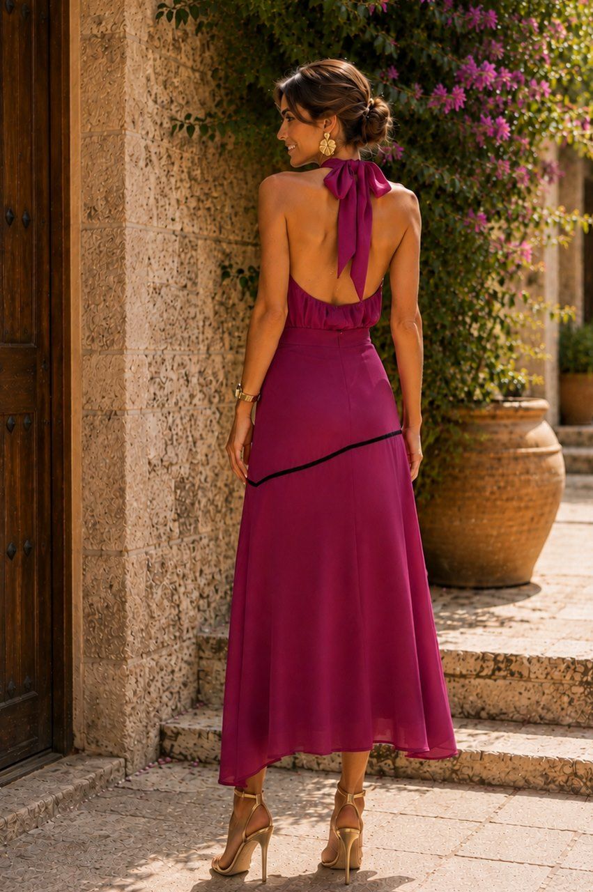 conjunto de falda y blusa halter en clor rubí para invitadas