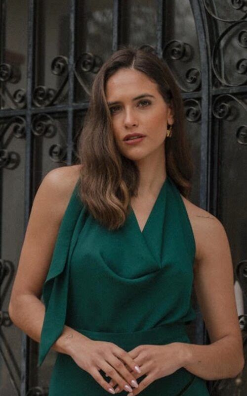 conjunto de falda y blusa halter verde botella para invitadas