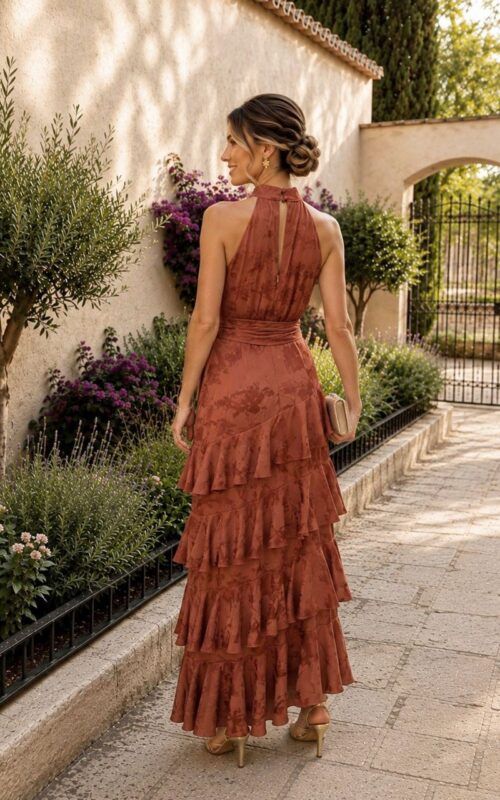 vestido largo cuello halter color terracota para bodas y fiestas