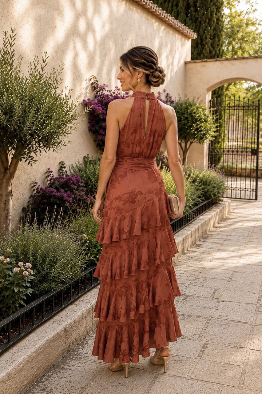 vestido largo cuello halter color terracota para bodas y fiestas