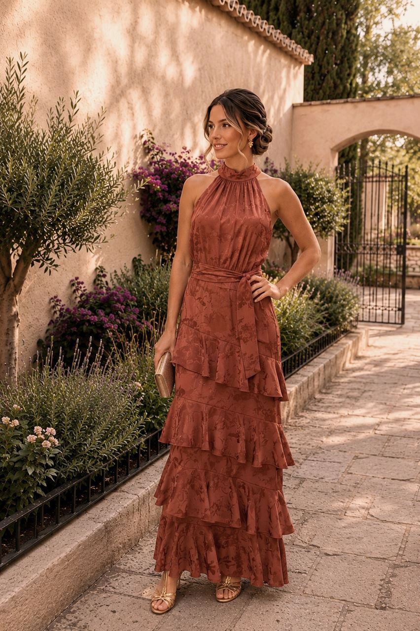 vestido de volantes en tejido jacquard marrón para invitadas