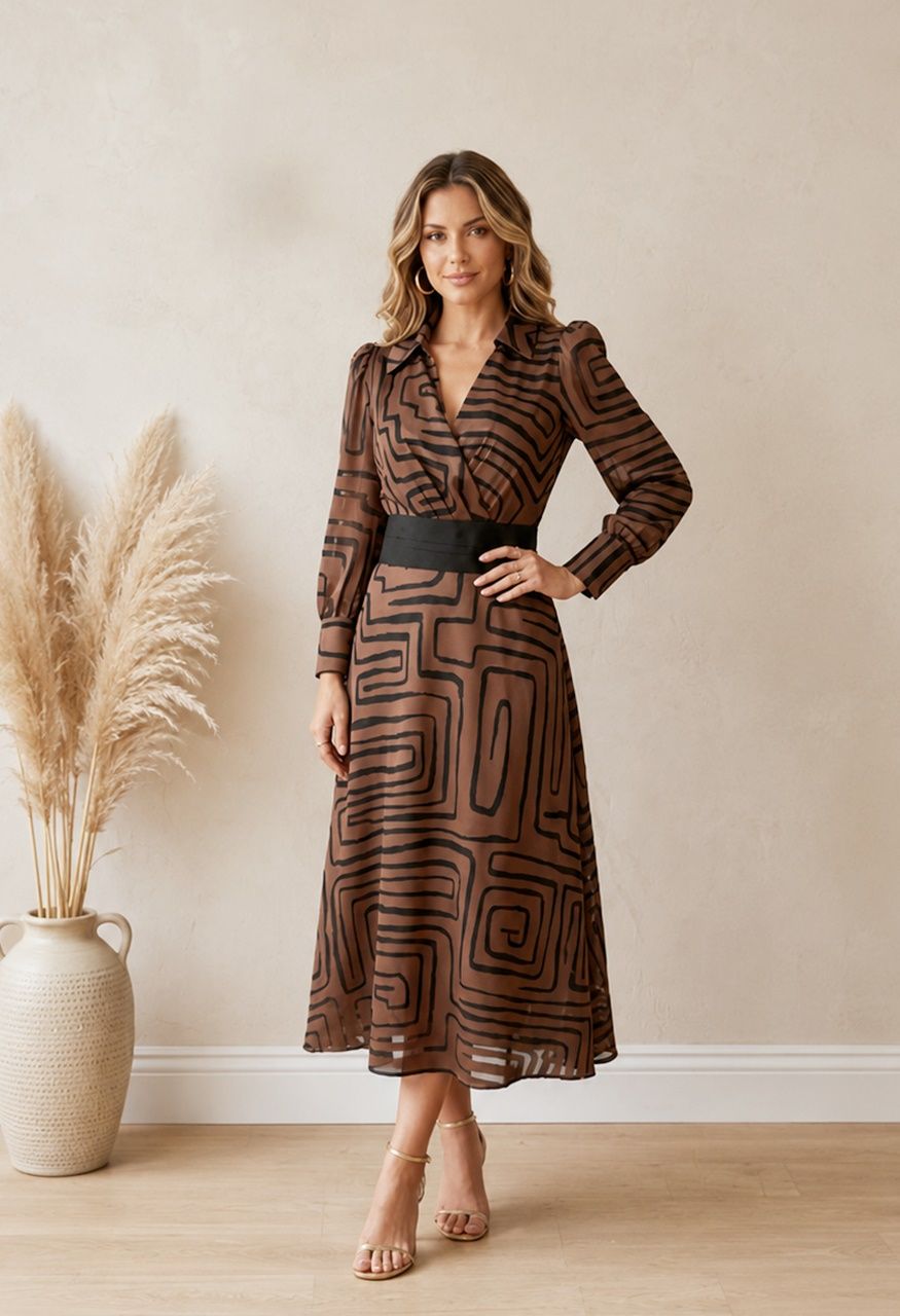 vestido de vuelo marrón para invitada