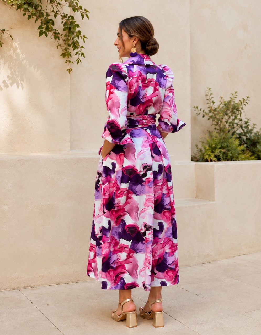 vesttido-vuelo-algodon-estampado-rosa-morado-tuareg-modas vestido estampado en algodón 100% para invitadas