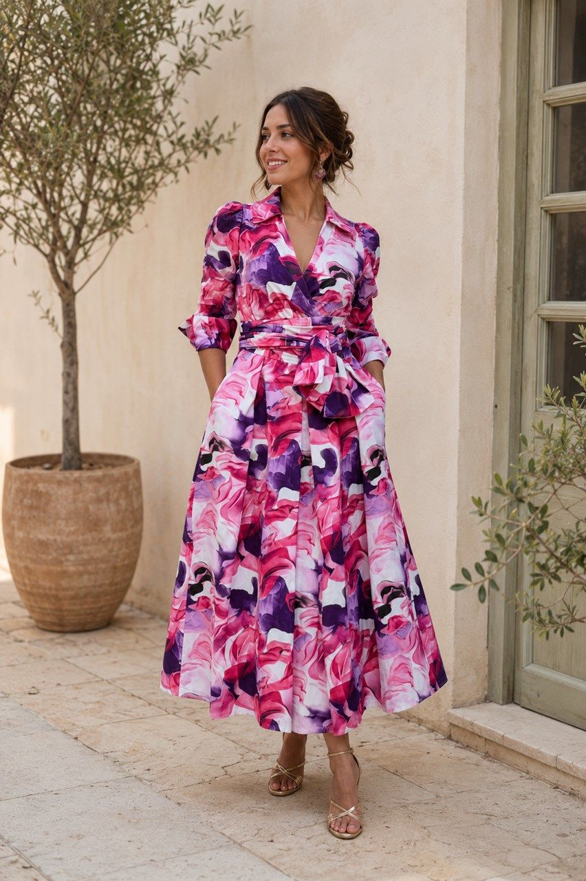 vesttido-vuelo-estampado-rosa-morado-tuareg-modas vestido estampado en algodón 100% para invitadas
