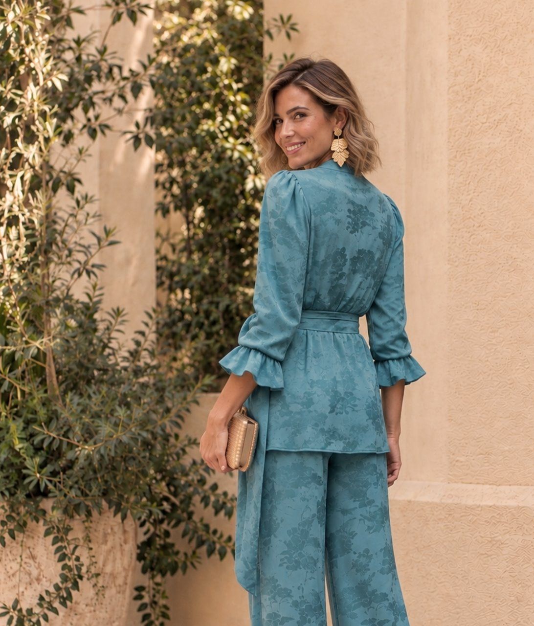 conjunto jacquard aguamarina de pantalón para bodas y eventos