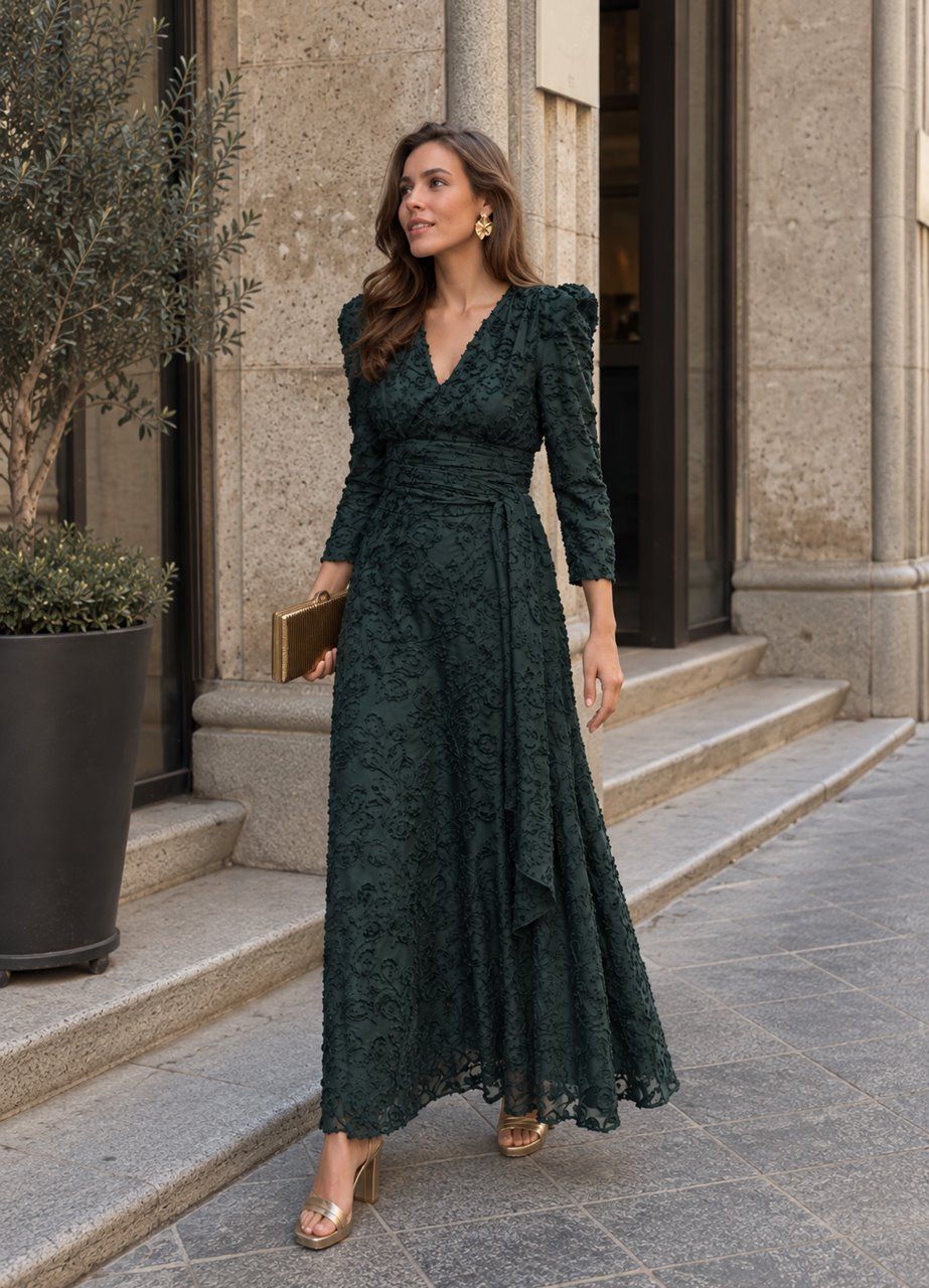 falda y top verde botella en tejido devoré para bodas y fiestas