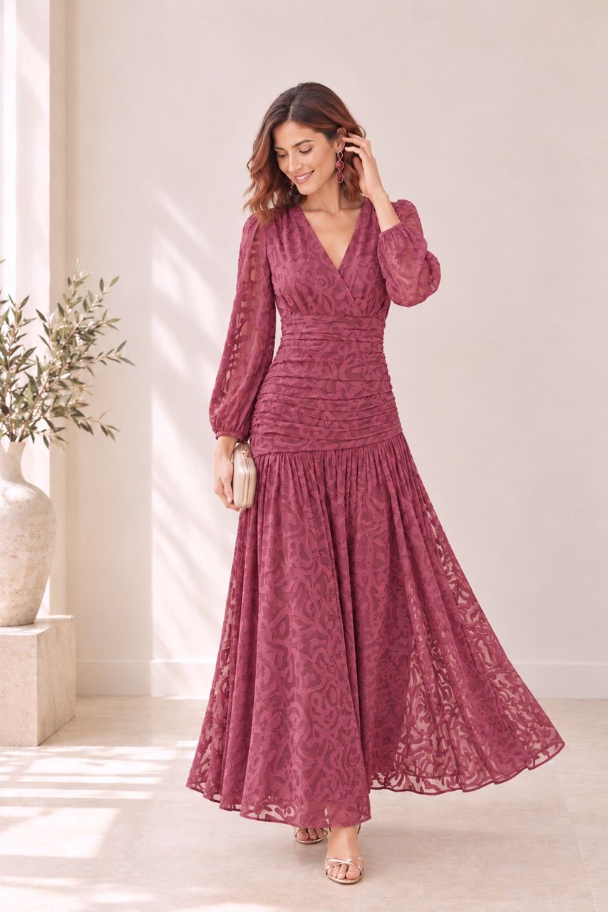 vestido-devore-largo-rosa-empolvado-tuareg-modas vestido de gasa devoré rosa largo para invitadas