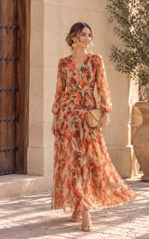 vestido de gasa estampado tonos teja y naranja para invitadas