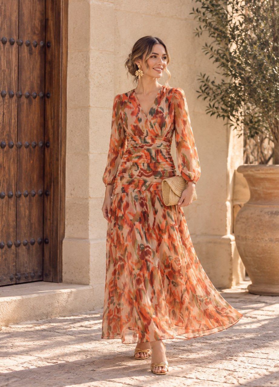 vestido de gasa estampado tonos teja y naranja para invitadas