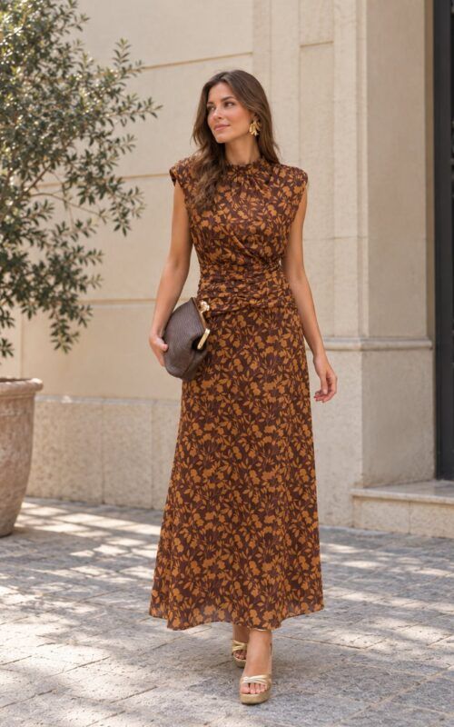 vestido midi de gasa marón y mostaza para invitadas