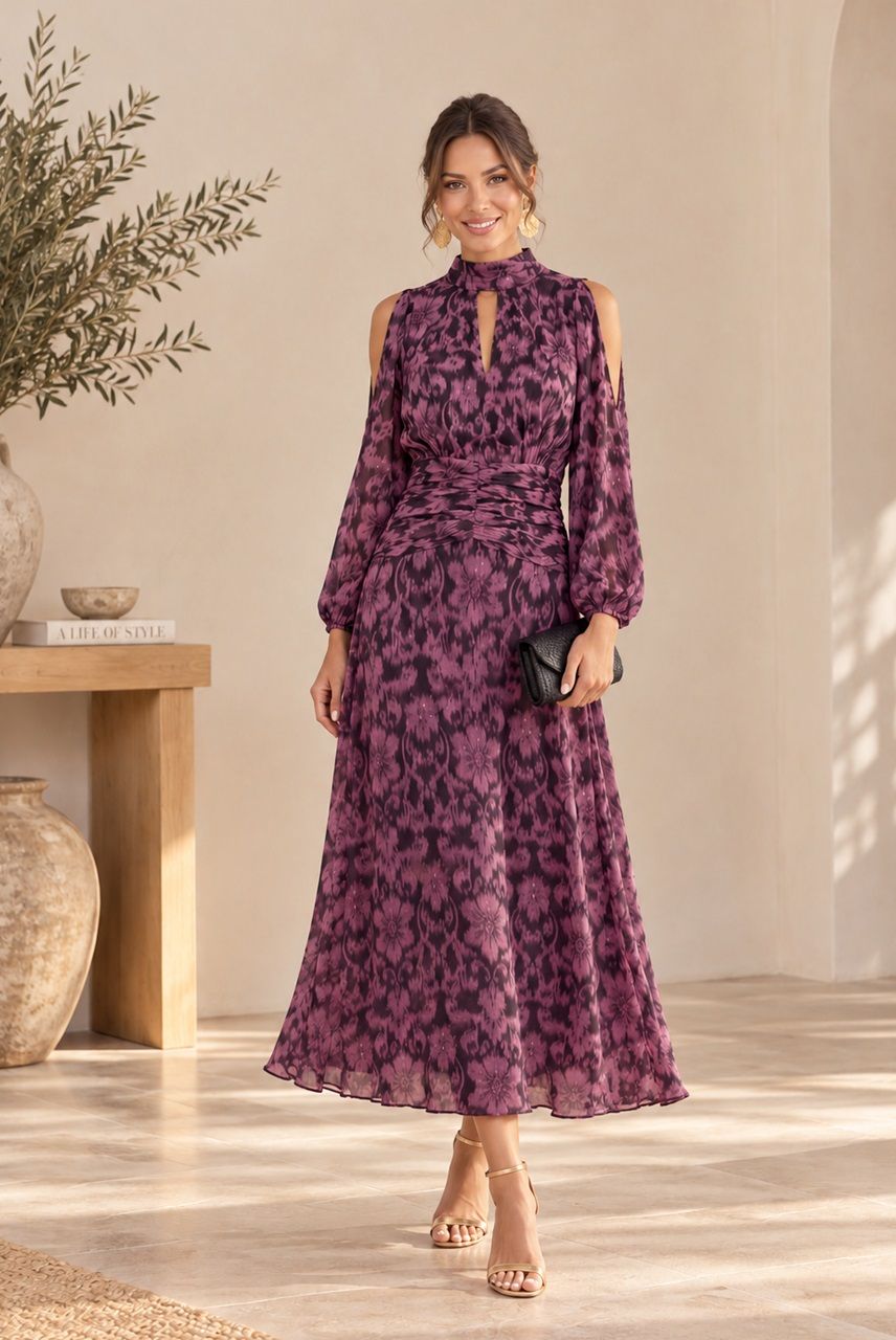 vestido de gasa estampada para bodas y eventos