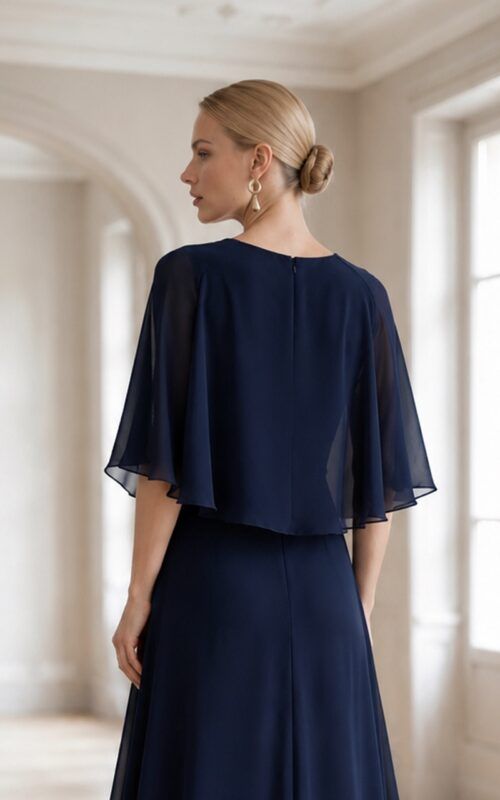 vestido largo de gasa azul marino para invitadas de bodas