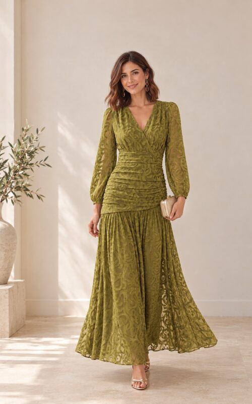 vestido largo en gasa devoré color verde oliva para invitadas a bodas