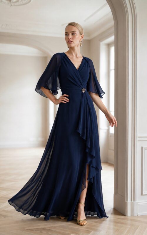vestido largo de gasa azul marino para invitadas a bodas