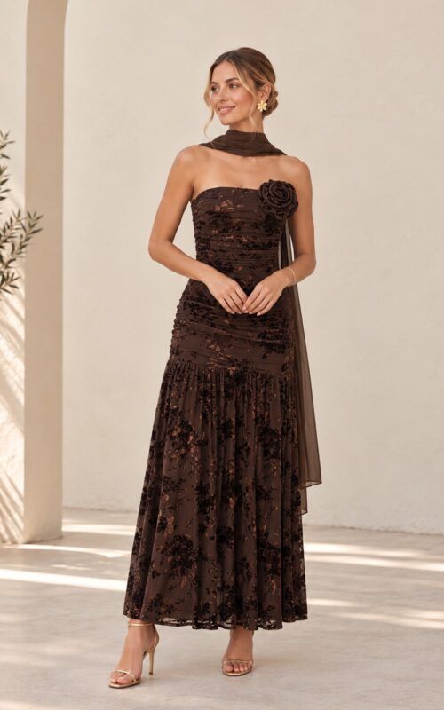 vestido marrón en tul elástico para bodas y eventos