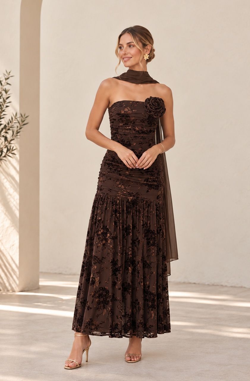 vestido marrón en tul elástico para bodas y eventos