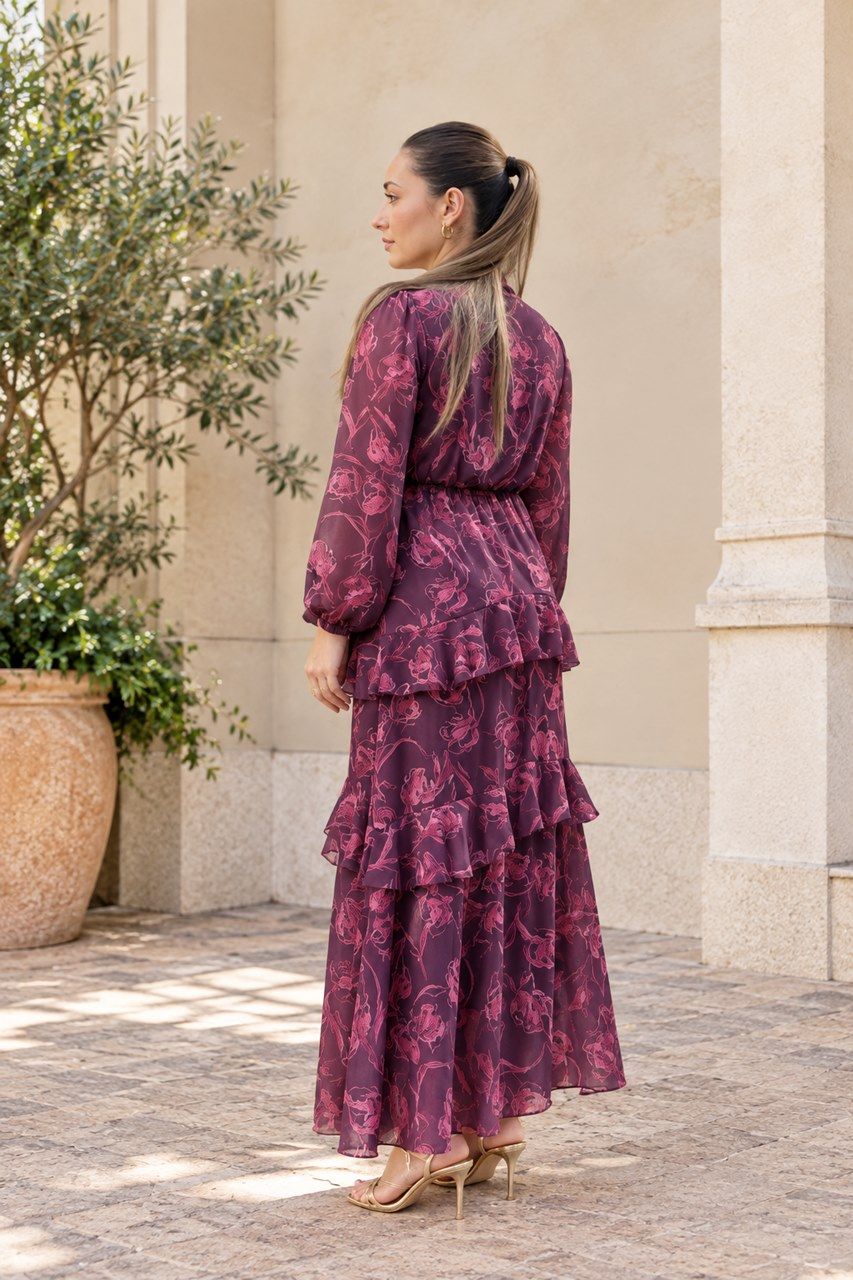vestido en gasa estampada berenjena para invitadas