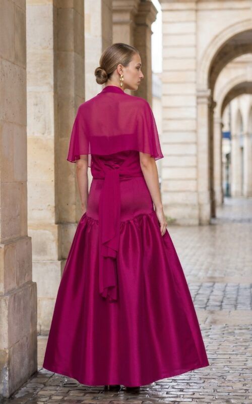 vestido palabra de honor buganvilla en tafetán para bodas y eventos