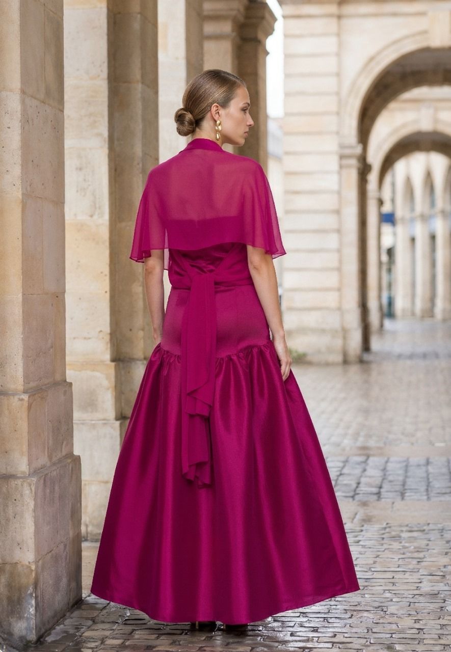 vestido palabra de honor buganvilla en tafetán para bodas y eventos