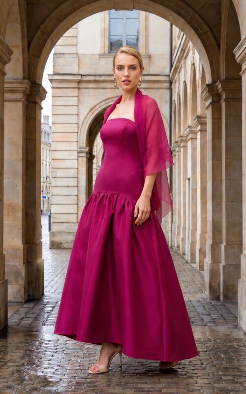 vestido palabra de honor buganvilla en tafetán para bodas y eventos