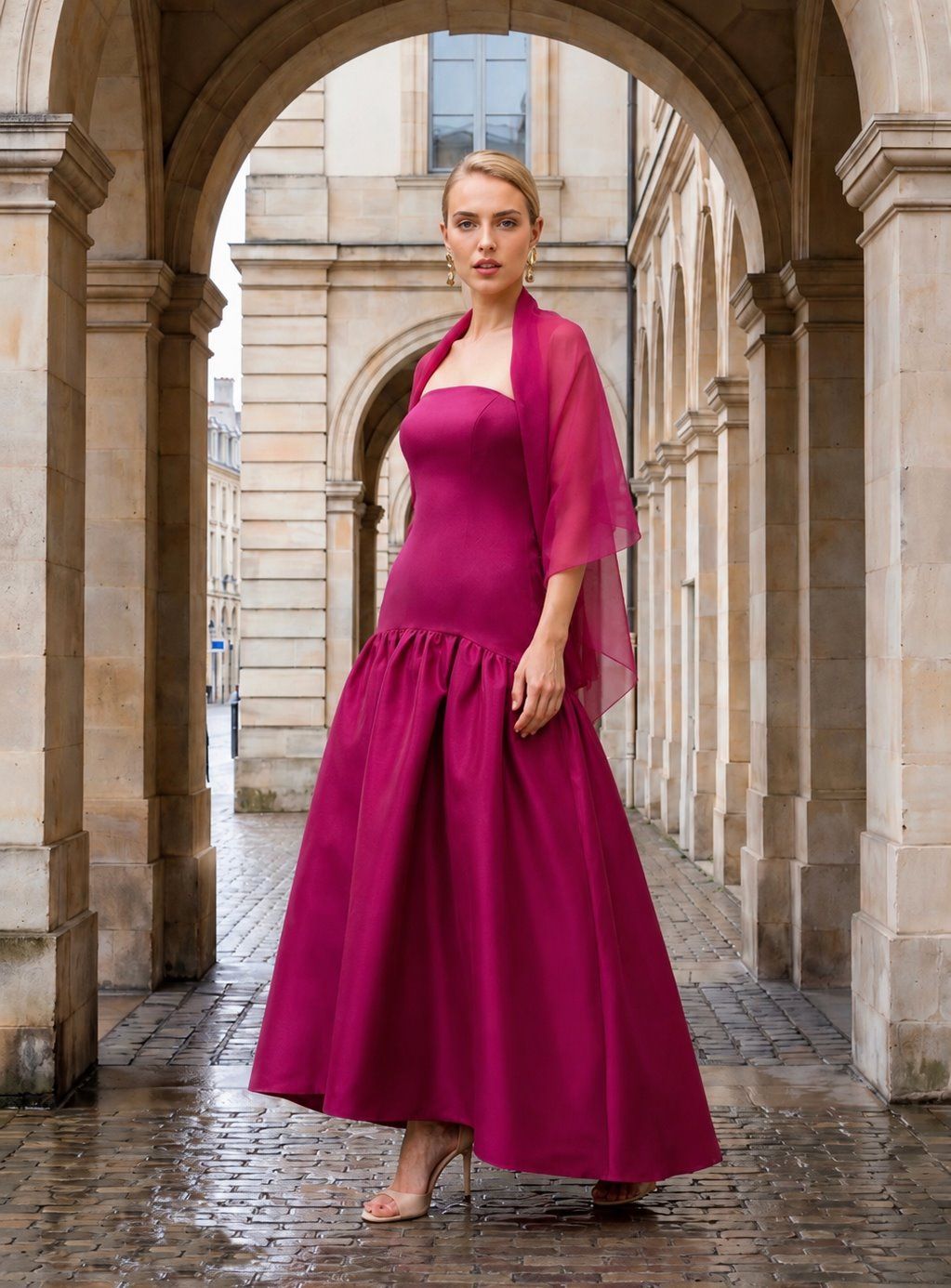 vestido palabra de honor buganvilla en tafetán para bodas y eventos