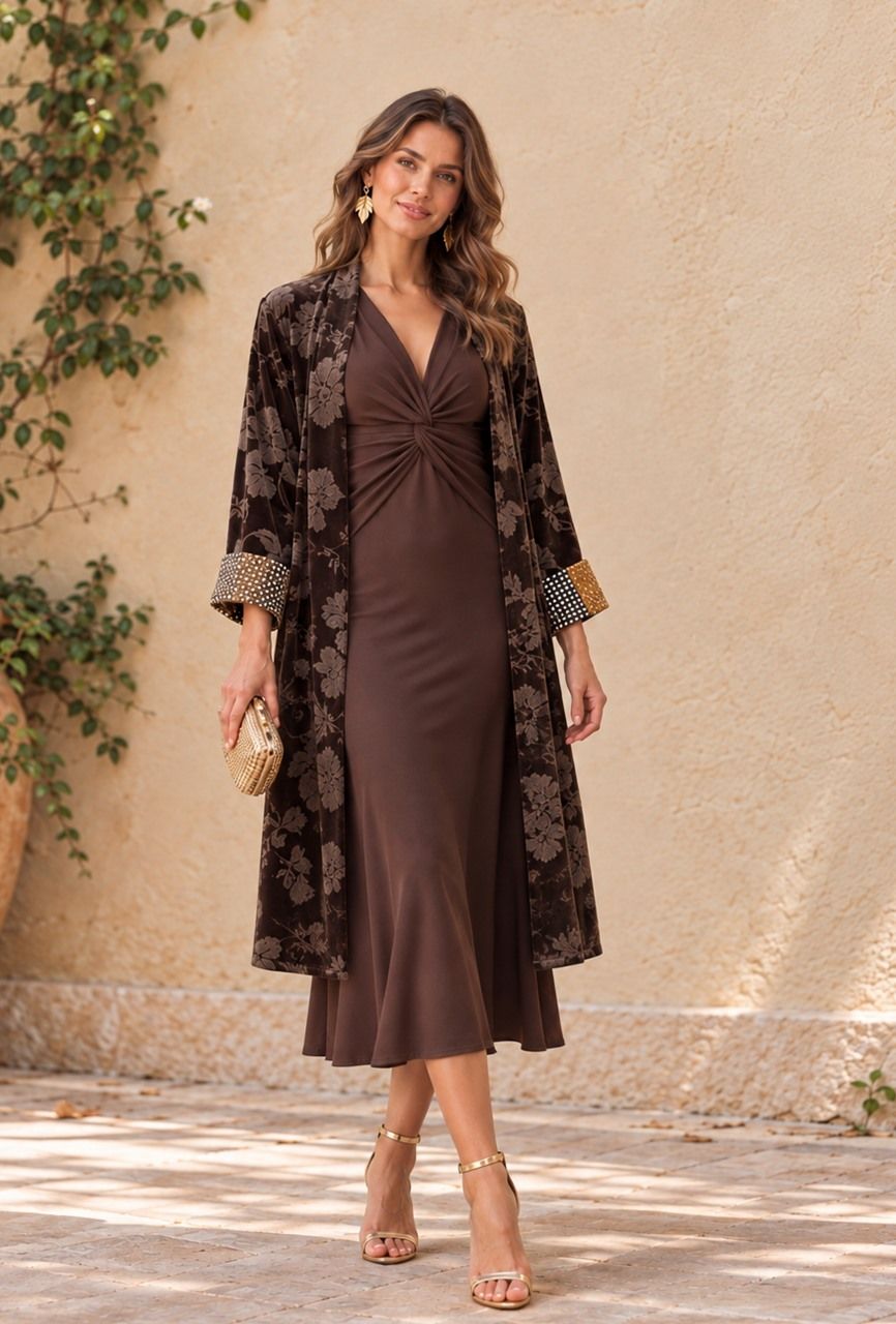 kimono estampado de terciopelo para looks de invitada