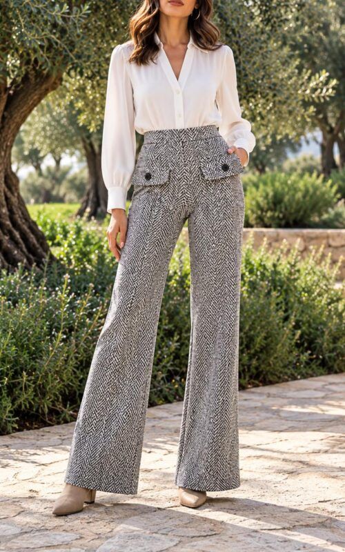 pantalón elástico efecto punto de espiga