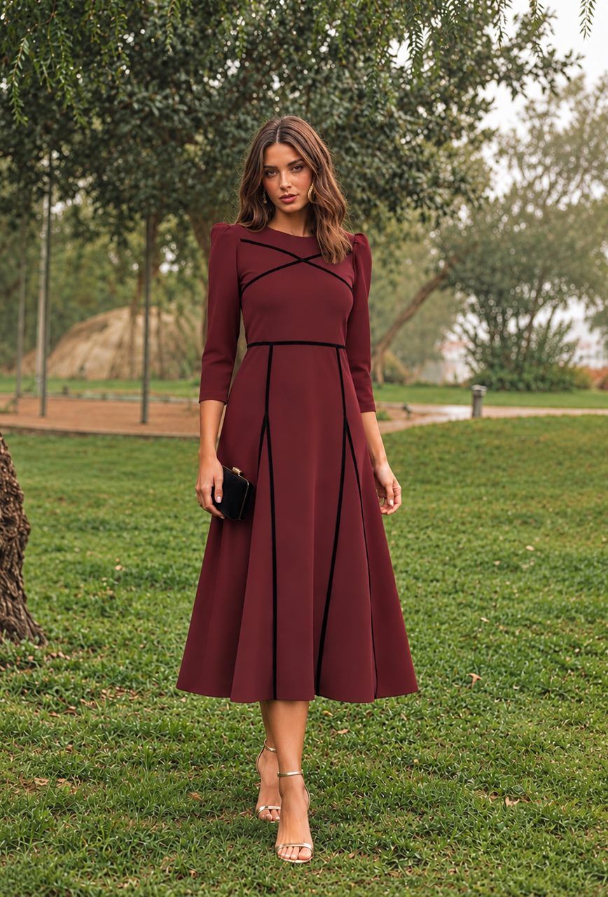 vestido de fiesta burdeos con falda de godets