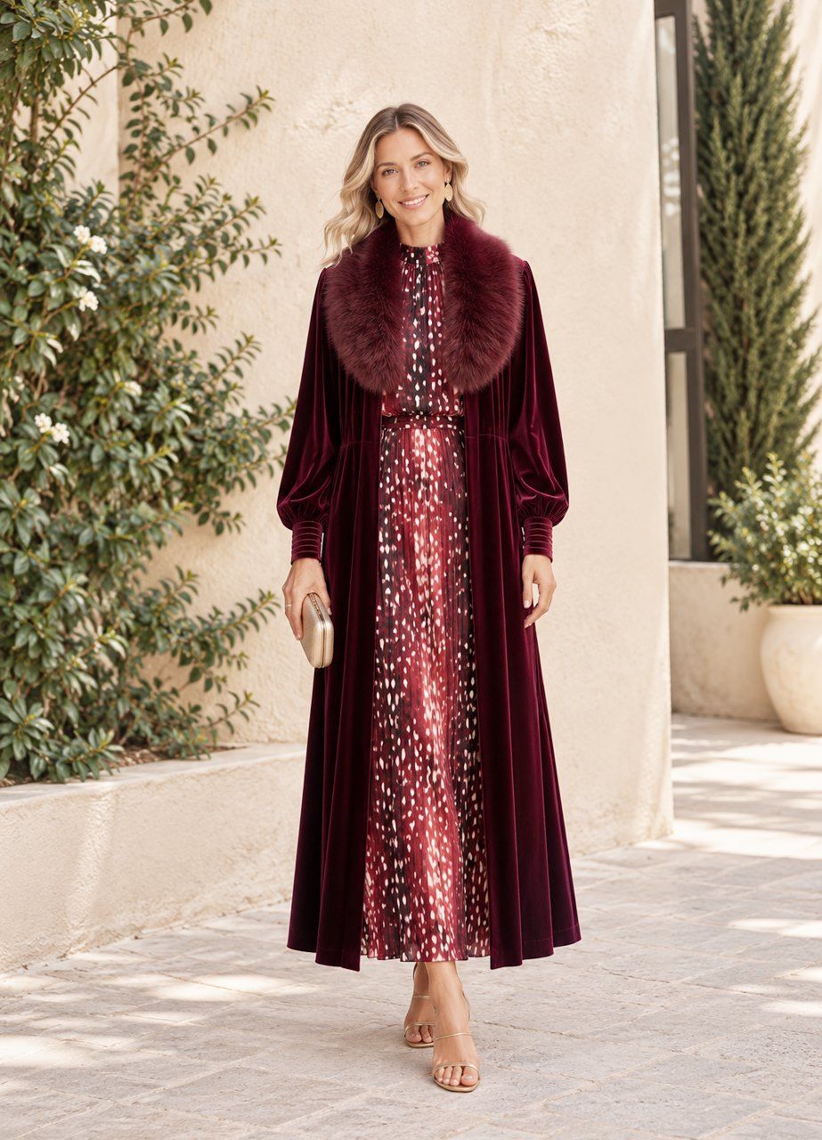 vestido, kimono y cuello de pelo para invitadas