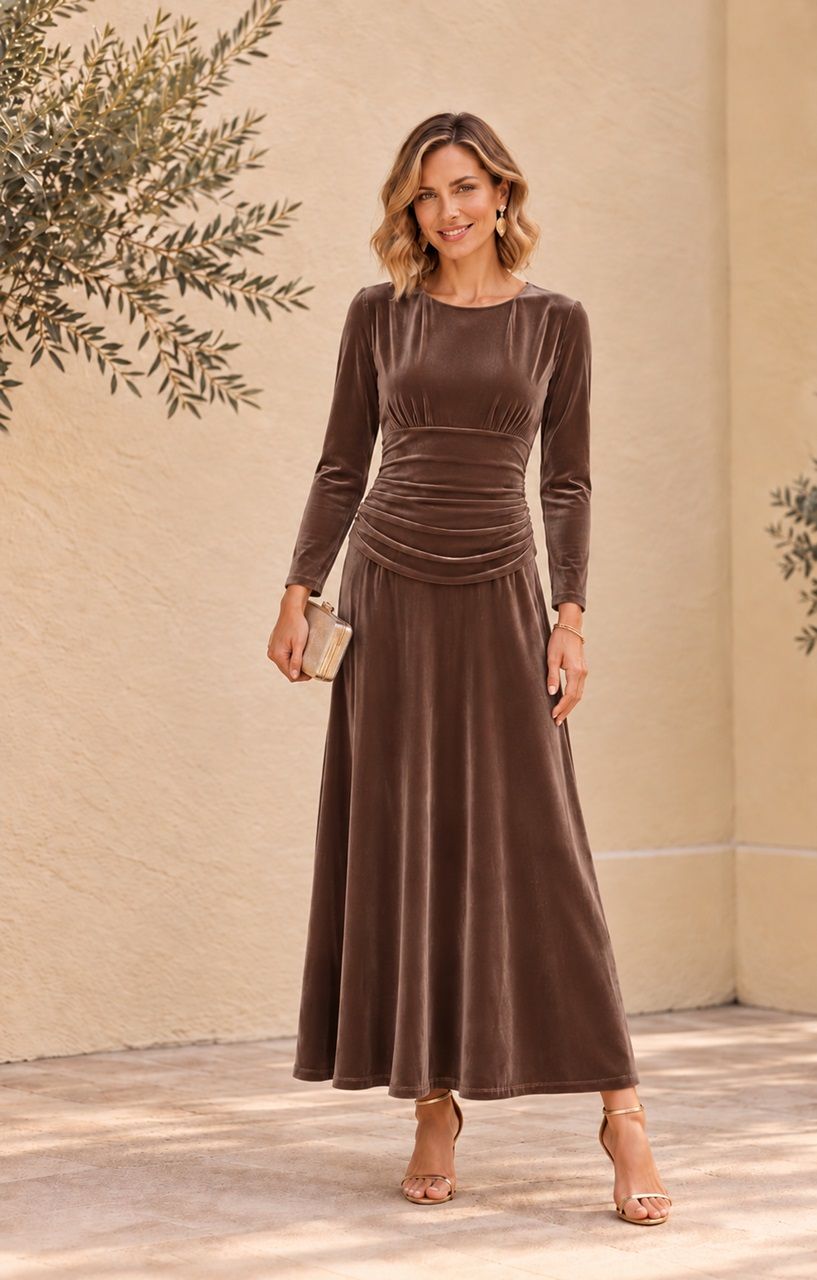 vestido de terciopelo con vuelo y drapeado para invitadas